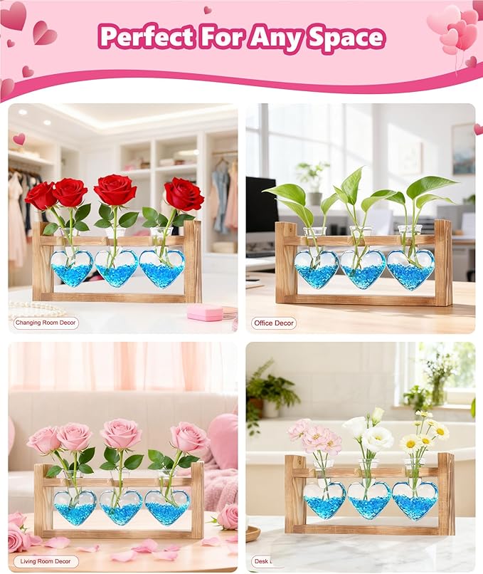 Nacome Plant Terrarium Propagation Stations: Valentines Day Gifts for Her Plant Lovers Women Mom Wife Daughter - 3 Bulb Glass Vase with Wooden Stand Tabletop for Hydroponics Indoor Office Home Decor