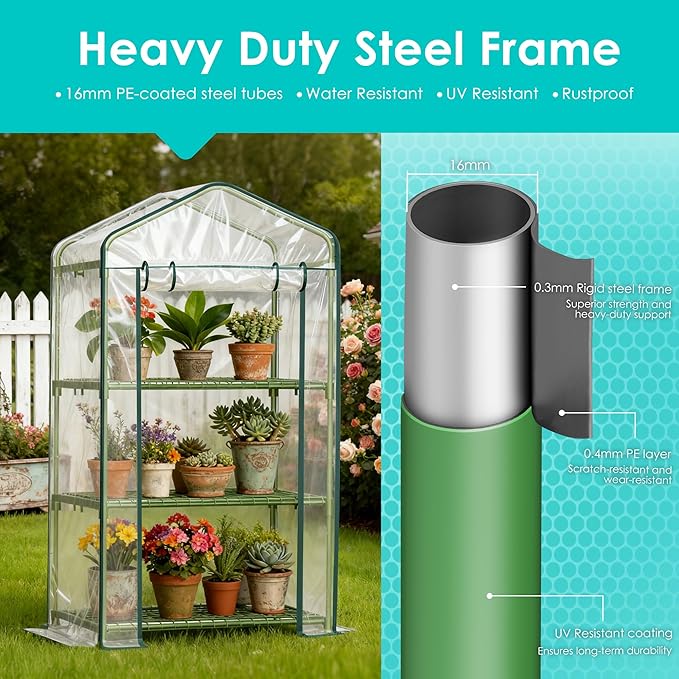 Twira 3-Tier Mini Greenhouse Outdoor, Portable Small Greenhouses for Winter, PE-coated Metal Frame & PVC Cover Green House for Outside Plants, Indoor Greenhouse Women Men Gardening Gifts 2.3x1.6x4.2ft