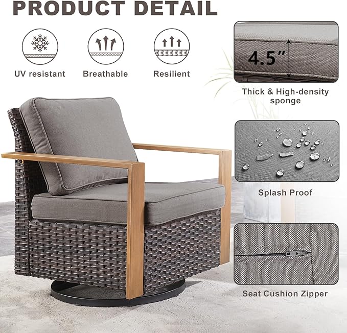 Rilyson Outdoor Wicker Patio Furniture Set - 8 Piece Patio Conversation Set with 4 Wicker Swivel Rocker Chairs,2 Rattan Ottoman 1 Side Table and 1 Couch,Thick Cushions,Deep Seating(Brown/Grey)