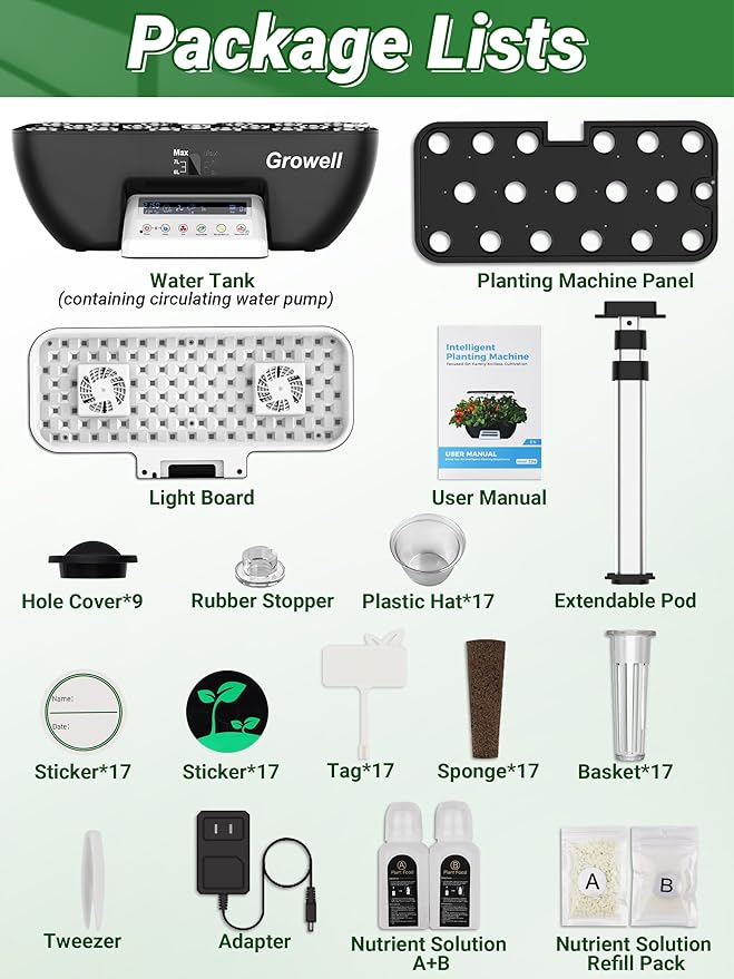 Growell Hydroponics Growing System Kit, 17 Pods Herb Garden with 102 28W Full-Spectrum Grow Lights & 2 Fans, Indoor Garden with Water Pump, 10L Water Tank, Auto Timer, Height Adjustable (White & Grey)