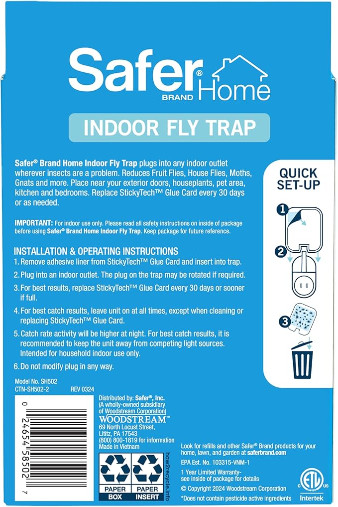Safer Home Indoor Plug-In Fly Trap - SH502 - Effective Fruit Fly Traps for Indoors, Gnat Traps for House Indoor, 400 Sq Ft Protection - Style: 1 Device + 2 Glue Cards