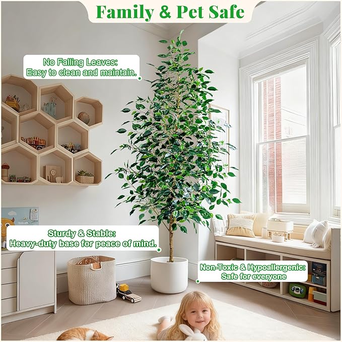 7FT Artificial Ficus Trees Indoor Faux Trees Indoor Fake Floor Plants Tall Artificial Tree with White Pot Faux Tree Fake Indoor Tree Silk Plants Artificial Trees for Home Decor Indoor