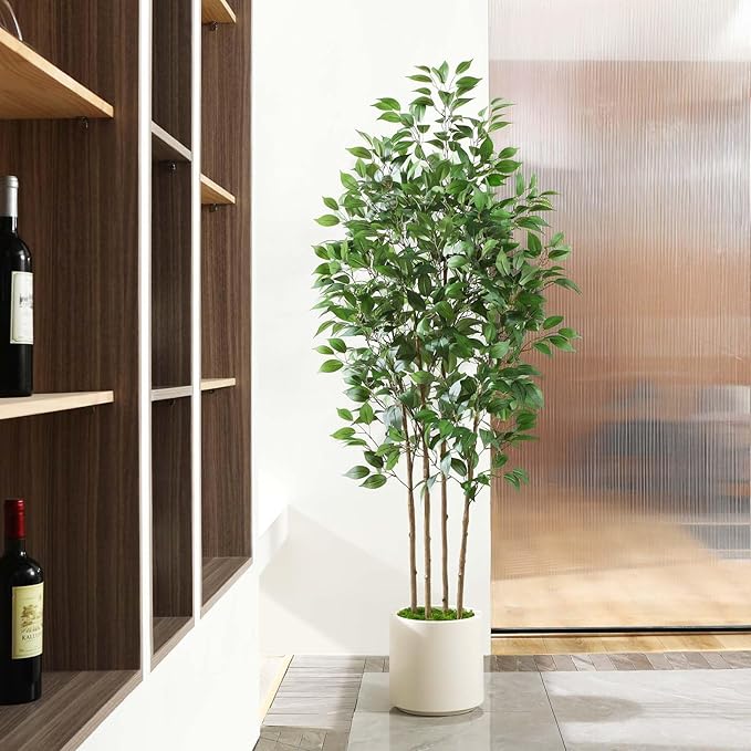 SOGUYI Ficus Artificial Tree 6ft Fake Silk Plant for Home Decor Indoor, Faux Floor Tree in White Imitation Ceramic Planter with Green Fake Moss for Home Office Corner Indoor Decor, Set of 1