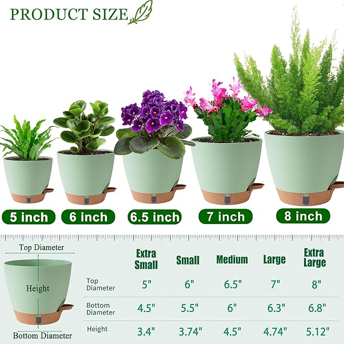 Fielda Self Watering Pots for Inoor Ourdoor Plants 8/7/6.5/6/5 Inch Plastic Planters with Drainage Holes & Water Level Indicator, Decorative House Flower Nursery Planting Pots with Saucers(Green)