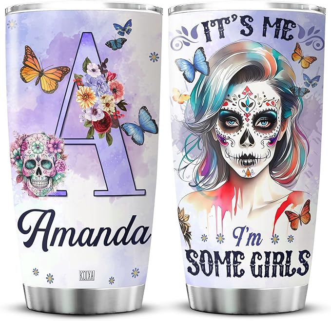Personalized Initial Coffee Tumbler Skull Custom Name Birthday Gifts For Women Adults Teens Friends Flower Travel Mug With Lid Insulated Cup Oz Cold Steel Tumblers Jewelry Style