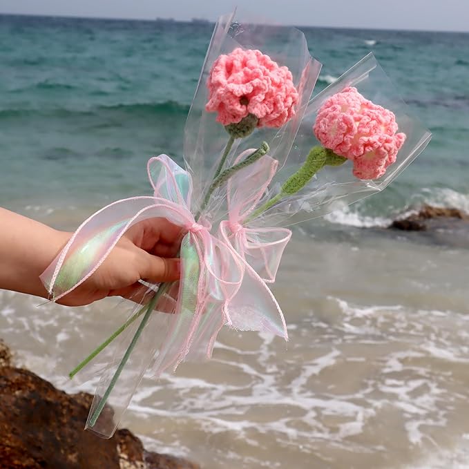 YOOJEE Crochet Flower Pink Carnation Graduation for Wife & Grandma Handmade Knitted Carnation for Women Coworkers Teachers Purple Yarn Flower
