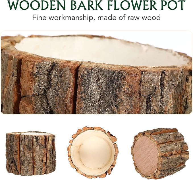 Yardwe 3 Pcs Wooden Flower Pots, Rustic Wood Bark Buckets, Barrels Planters for Garden and Home Decorations, 4.72 X 4.72 X 3.93 Inch