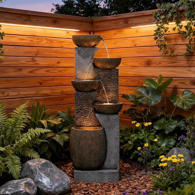 51.4" H Outdoor Garden Water Fountain for Garden, Patio, Backyard, Deck, Porch and Home Art Decor, 5 Tiers Modern Cascading Large Outdoor Fountain with Lights