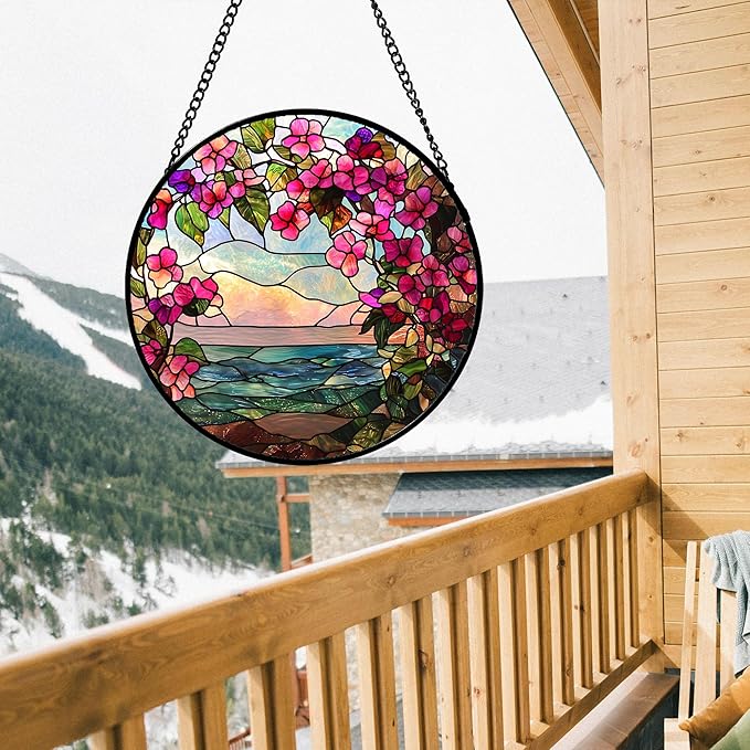 AMDERVEN Stained Glass Window Hanging, Purple Flower Landscape Wreath Sun Catcher for Door Home Decor Plants Suncatcher Christmas Mother's Day Birthday Gifts for Women Men Mom Nana 9.8 in
