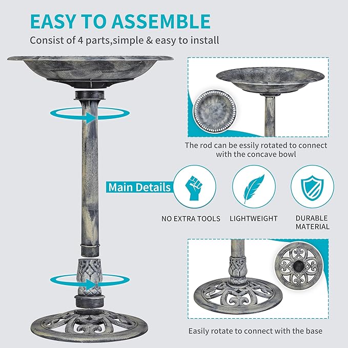 VECELO 28" Pedestal Outdoor Bird Bath for Outside, Vintage Bronze Polyresin Lightweight Antique, Yard/Garden Decoration, Gray