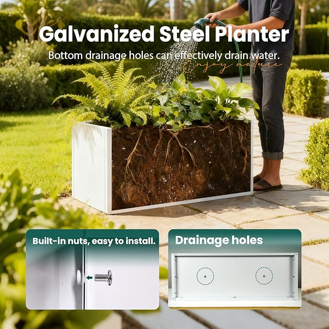 GZGNEEVL Metal Rectangular Planter White Steel Rectangle Planter Box 36" L x 12" W x 16" H Outdoor Indoor Galvanized Steel Large Planters Modern Commercial Residential for Plants Porch Patio