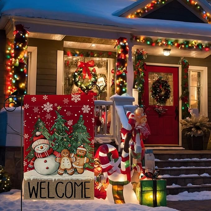 Welcome Garden Flag Winter Snowman Gingerbread Man Pine Trees Christmas Yard Flag 12x18 Inch Double Sided Small Mini Yard Outdoor Outside Xmas Holiday Party Decoration