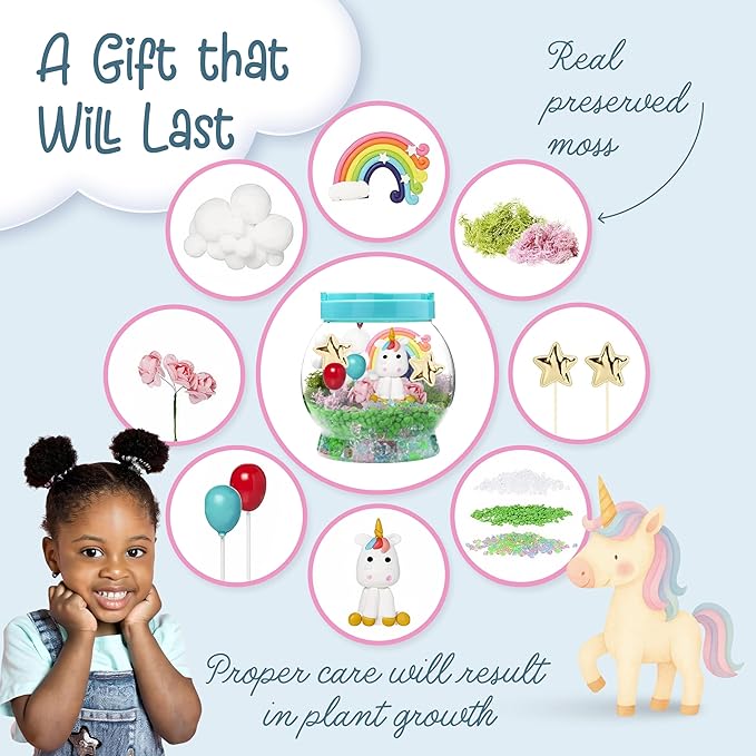 Memory Building CO Light-Up Unicorn Terrarium Kit for Kids - Christmas & Birthday Gift for Girl or Boy - Best Unicorn Toys & Kits, Arts & Crafts Gifts for Girls & Boys Age 4 5 6 7 8 9 10-12 Year Old