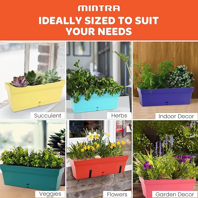 Mintra Window Box Planter, Window Planter Box for Indoor Outdoor Use, Rectangular Pots with Saucers & Drainage Holes, Decorative Plant Pots for Window Sill, Shelf, Desktop, 19" Wx6.75 H, Orange