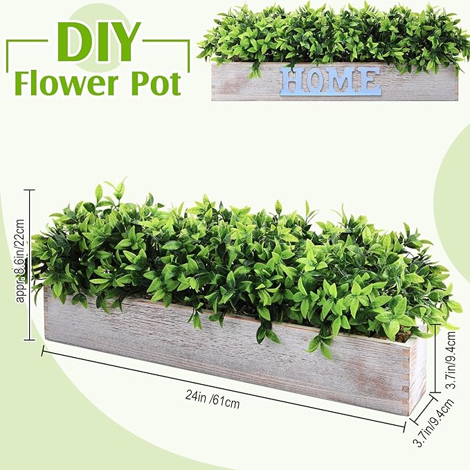 Lyrow 2 Pack Artificial Eucalyptus Plant in Rectangular Rustic Wooden Planter Box Faux Potted Herb Plant Table Centerpiece for Kitchen Windowsill Shelf Decor (White,24 '')