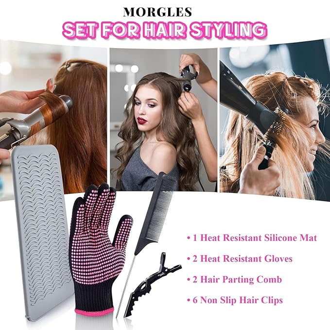 MORGLES Heat Resistant Gloves, 2 Pcs Professional Heat Gloves for Hair Styling Silicone Hot Mat 6 Pcs Hair Clips and 2 Pcs Styling Comb for Curling Iron Wands Flat Iron