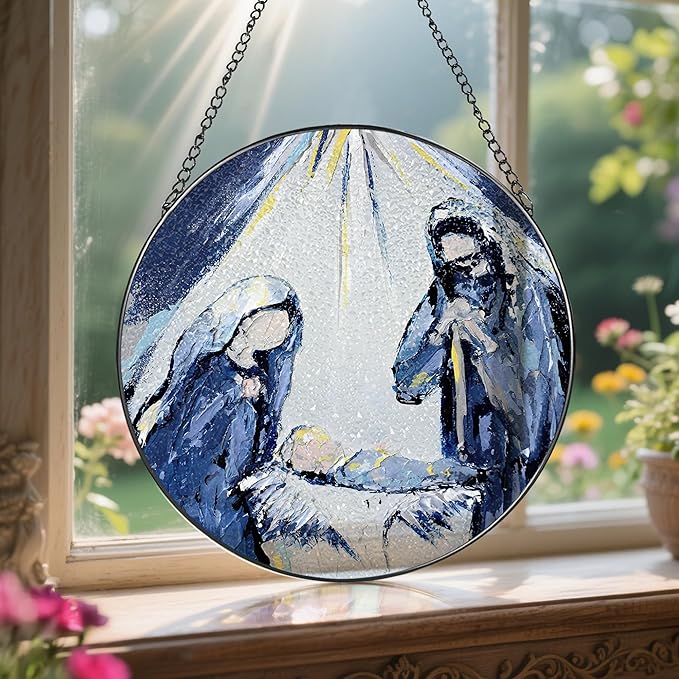 8'' Stained Glass Nativity Scene Ornament, Stained Glass Window Hanging, Religious Holiday Ornament, Holy Family Decoration, Gift for Christmas, Religious Gifts, Christian Gifts