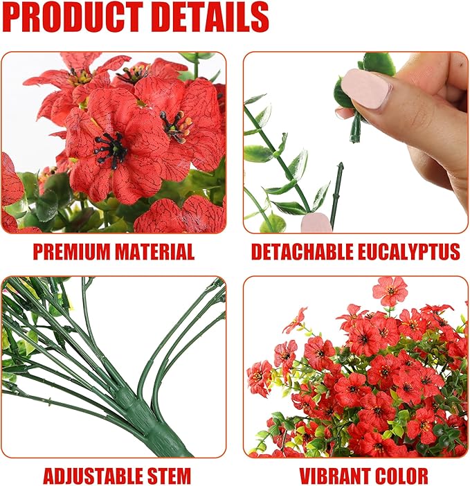 Sggvecsy Artificial Fake Hanging Flowers Plants for Outdoor Outside Spring Summer Decoration 2PCS Faux Silk UV Resistant Realistic Mums Daisy with Eucalyptus for Home Porch Patio Balcony(Red)