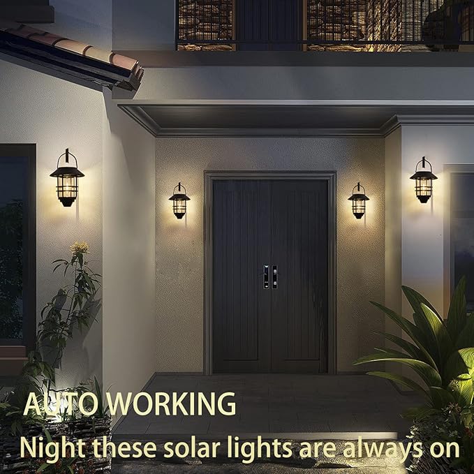 2 Pack Solar Wall Lanterns Outdoor Waterproof Hanging Solar Wall Lights Glass Metal with Wall Mount Bracket,Garden Lantern Warm White 3000K, Auto Dusk to Dawn for Outdoor Front Porch Exterior Lighting