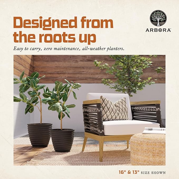 ARBORA 13" Ibiza Polyresin Indoor and Outdoor Planter with Classic Black Finish - Durable, Weatherproof, Lightweight, Large Plant Pot for Patio, Garden, Deck, Entryway - 2 Pack