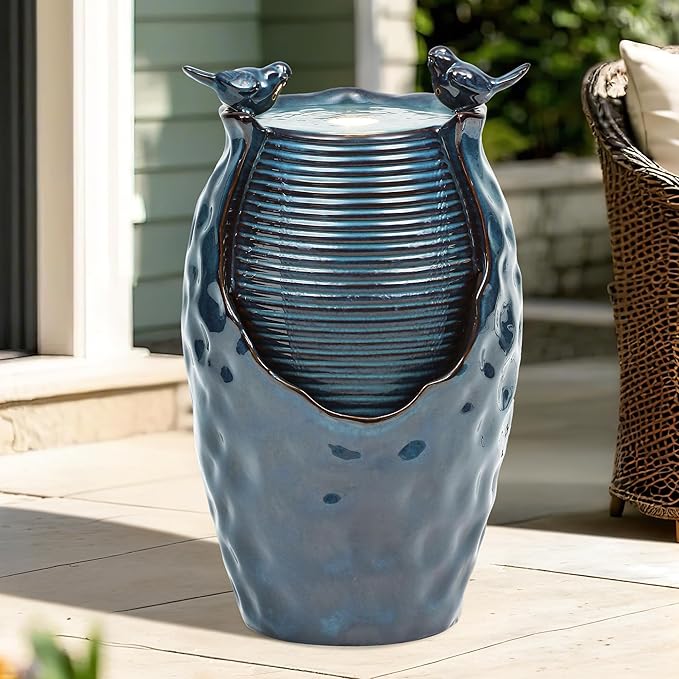 24.8" H Ceramic Jar Outdoor Water Fountain with LED Lights & Bird Accents, Elegant Turquoise Glaze with Bubble-Like Texture, Decorative Garden Water Feature