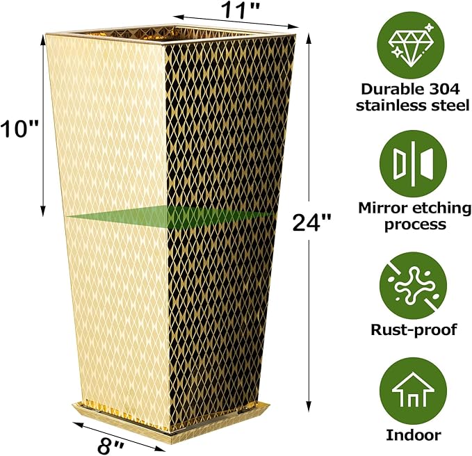CYC Luxury Stainless Steel Golden Taper Tall Planter Box Set of 2 with Mirror Etching No Coating 24”H Top 11” Bottom 8”,Decrative Pot Indoor, Modern Décor for Home,Office,Tall Plants,Trees,Flowers