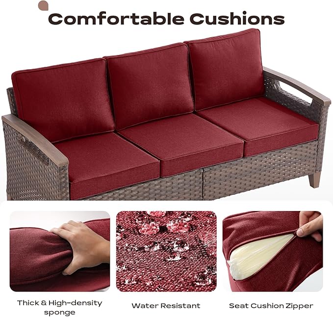 Rilyson Wicker Outdoor Patio Furniture Set - 8 Piece Patio Conversation Sets with Swivel Rocker Chairs, Ottomans, Sofa and Coffee Table, Thick Cushions, Waterproof Wicker, for Porch Deck Brown/Red