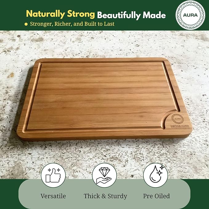Define Aura Organic Bamboo Cutting Board Set of 3 – Wooden Kitchen Boards for Chopping, Meal Prep & Serving – Durable Charcuterie & Cheese Boards with Deep Juice Grooves and Side Handles