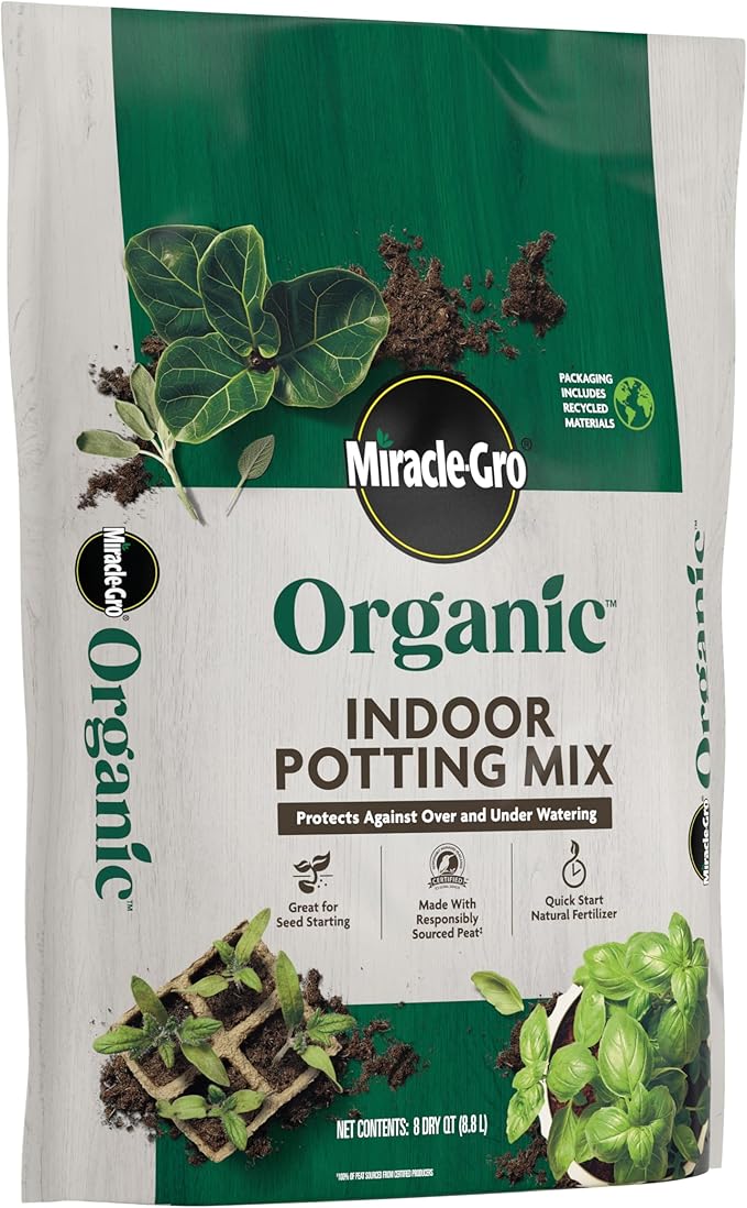 Miracle-GRO Organic Indoor Potting Mix, Protects Against Over and Under Watering, for Indoor Container Plants, Houseplants and Starter Plants, OMRI Listed, 8 qt., 3-Pack
