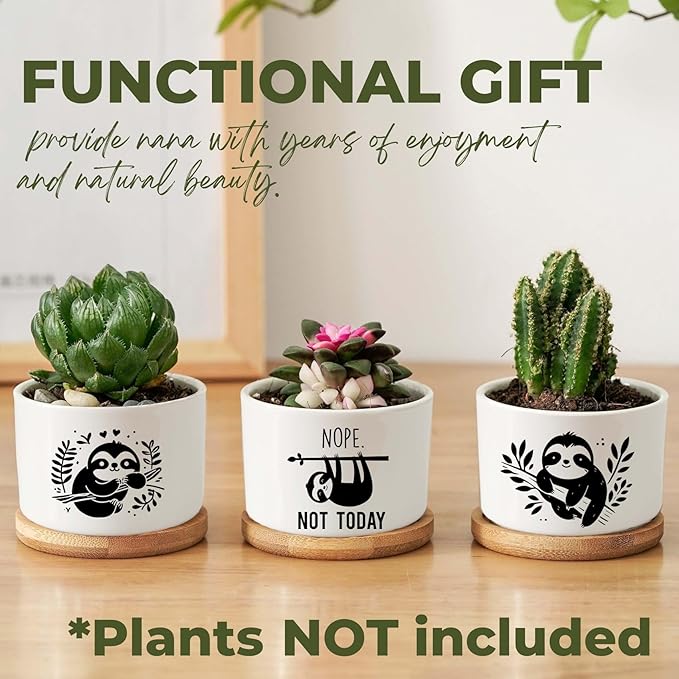 InnoBeta Sloth Gifts Succulent Plant Pots 3pcs, Gifts for Sloth Lovers, Planter Pot with Bamboo Tray, Plants NOT Included, Cute Ceramic Pots for Birthday, Christmas