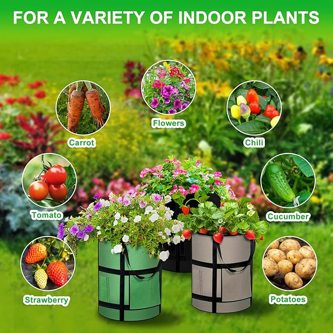 MEKOLIFE 4-Pack 10 Gallon Grow Bags with Window to Harvest - Potato Grow Bags with Flap and Handles - Thickened Fabric Pots - Large Grow Bags - Tomato Garden Vegetables Grow Bags