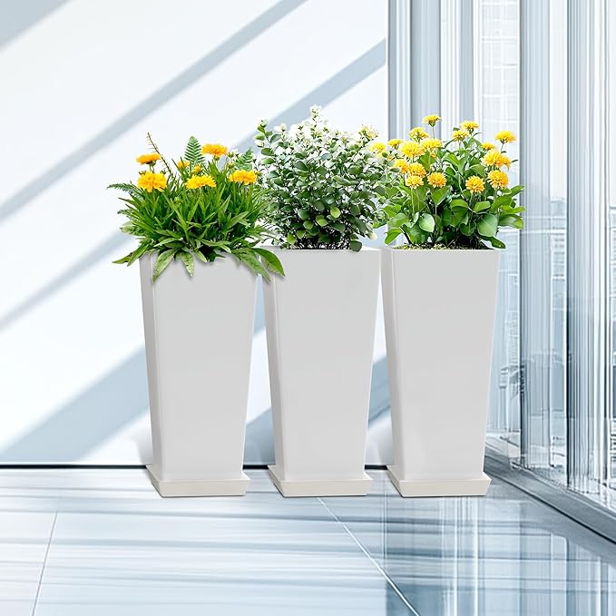 TUYOHW 24 Inch Tall Tapered Square Planters (Set of 2) - Indoor Outdoor Large Flower Pots with Built-in Drainage & Matching Water Tray for Patio, Garden, Home - White