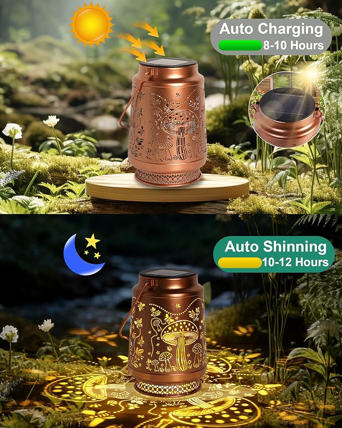 2 Pack Mushroom Solar Lanterns Outdoor Waterproof, Garden Decor Birthday Gifts for Women Mom Grandma Sister, Metal Hanging Solar Lights Outside Decorative for Backyard Patio Lawn Pathway Landscape