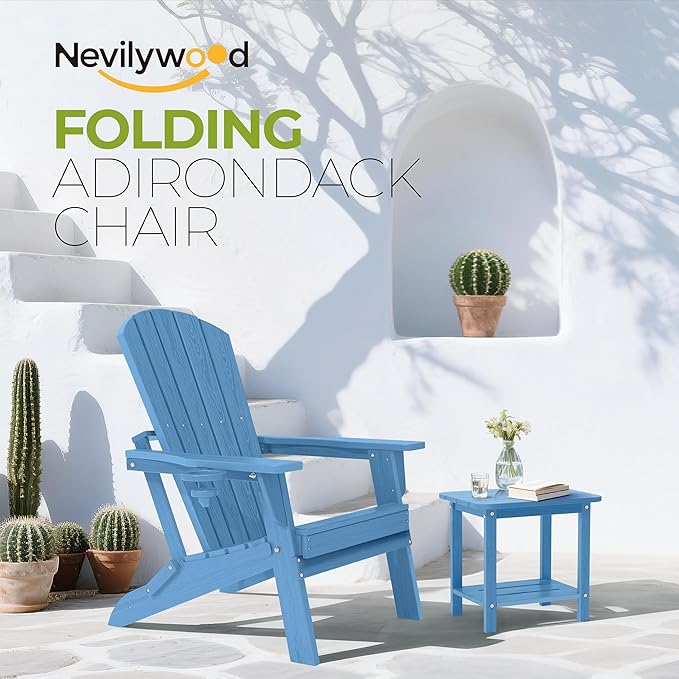 nevilywood Folding Adirondack Chair with Cup Holder,All-Weather Adirondack Chair,Patio Chair,HDPE-Wooden Textured Lawn Chair- Light Blue