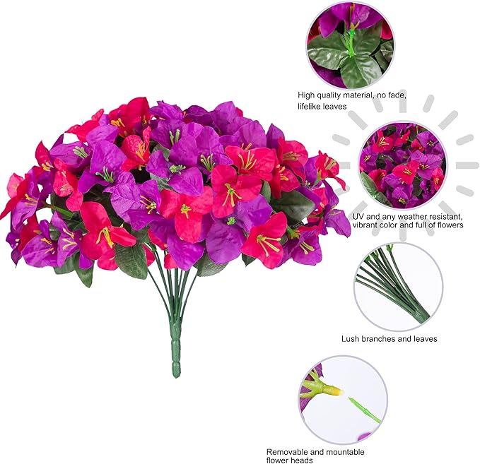 Artificial Fake Flowers for Outdoors Bougainvillea Spring Summer Outside Decor, 4 Bundles Realistic Silk Flower Plants UV Resistant Faux Flowers for Outdoor Planters Patio Porch Window Garden Home