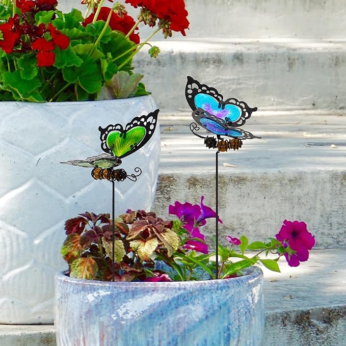 Voumsil Butterfly Garden Stakes,Butterfly Kit Made of Glass and Metal,Colorful Butterflies Garden Decorations Can Make The Garden Full of Color and Vitality. (Blue and Green)