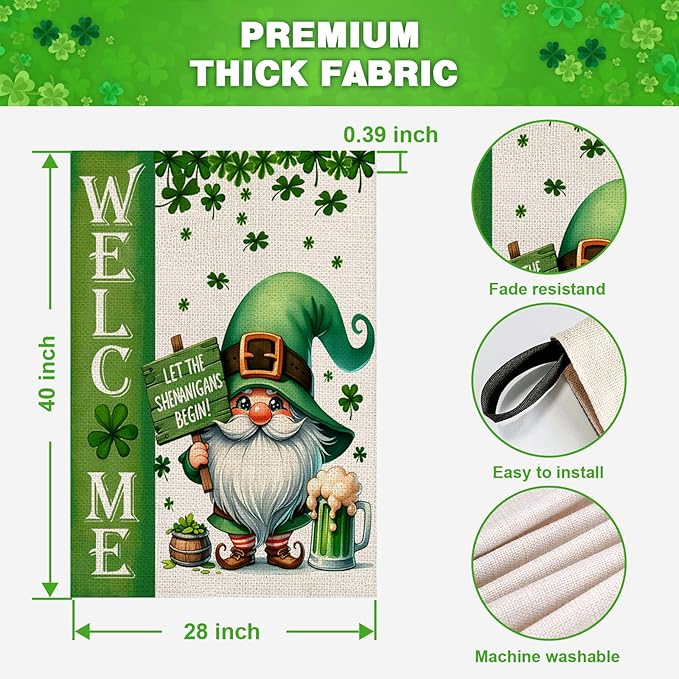 St Patricks Day Welcome House Flag 28x40 Inch Double Sided Gnome Lucky Shamrocks Clovers Large Outside Flag for Yard Outdoor Holiday Decoration
