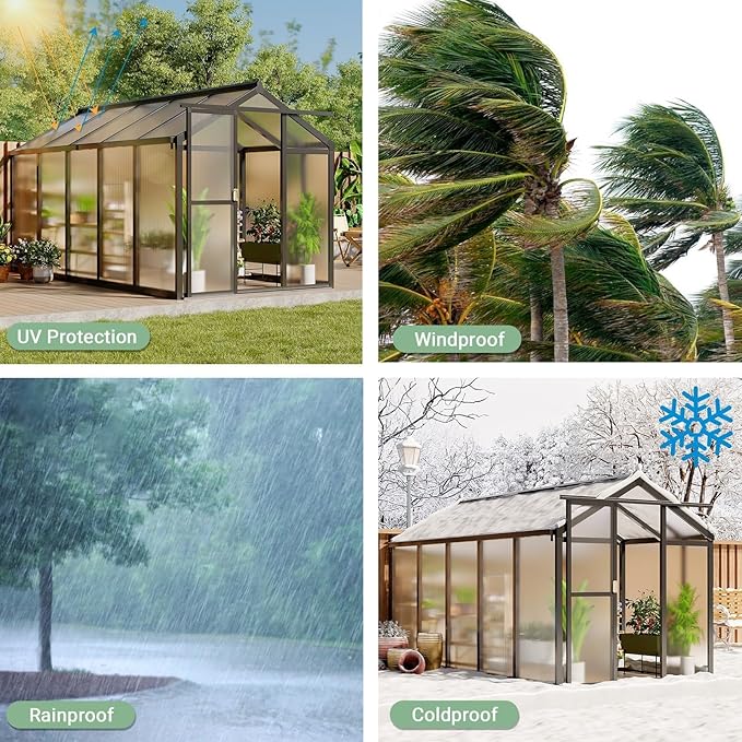 6x10 FT Greenhouse for Outdoors, Polycarbonate Greenhouse with Roof Vent, Ground Nails, Lockable Push Door, Aluminum Large Walk-in Green House for Outside Garden Backyard, Patio, Lawn, Black