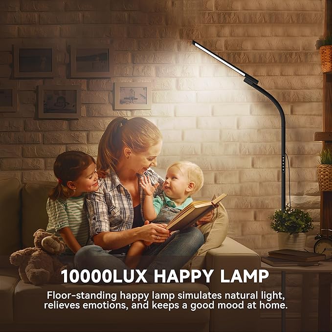Sozapooty Happy Lamp,10000 Lux Sun Light, Floor Daylight Lamp with Remote & Touch Control & Adjustable Gooseneck for Reading/Office/Home (Black)