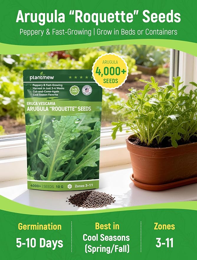 Arugula Seeds for Planting - Heirloom Roquette Seeds, Fast-Growing Peppery Greens for Indoor/Outdoor Gardens, Harvest in 3-4 Weeks, Cut-and-Come-Again Salad Seeds