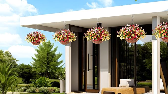 Artificial Flowers Hanging Basket for Outdoor Spring Summer Decor, Fake Silk Colorful Daisy Eucalyptus in 12" Metal Coconut Lining Pot Arrangement for Home Patio Yard Decor(Red Yellow Pink)