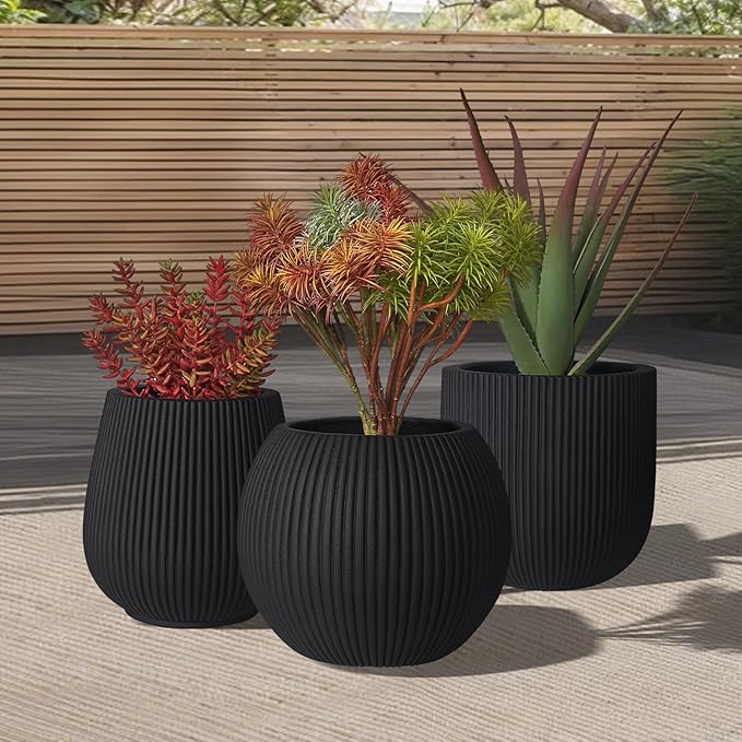 TerraDeco 16 Inch Handmade Concrete Outdoor Planter - Classic Striped Design | Fiberglass & Composite Material | Durable for Commercial & Home Decor