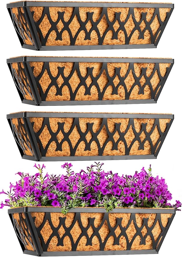 4 Pack 12 Inch Window Boxes Planters Railing Planter Box with Coco Liners Deck Railing Planter Boxes Balcony Hanging Flower Box for Outdoor Plants Garden Decor