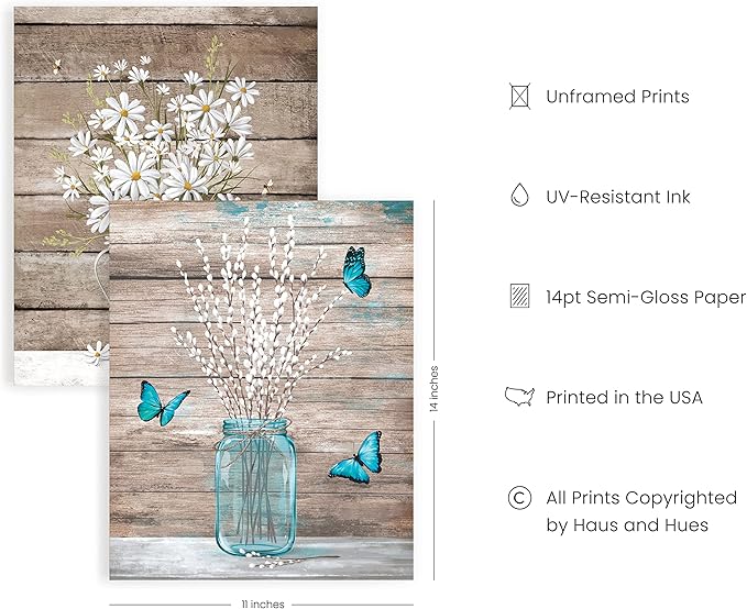 HAUS AND HUES Botanical Prints - Set of 4 Floral Posters, Wall Flower Pictures (Unframed 11x14)