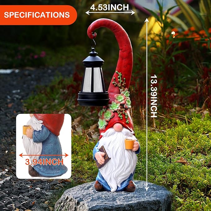 Roundot Coffee Gnome Garden Decor Statue Solar-Powered Gnome Ornament Lantern-Lit Courtyard Decoration Birthday Gift for Mom on The Patio