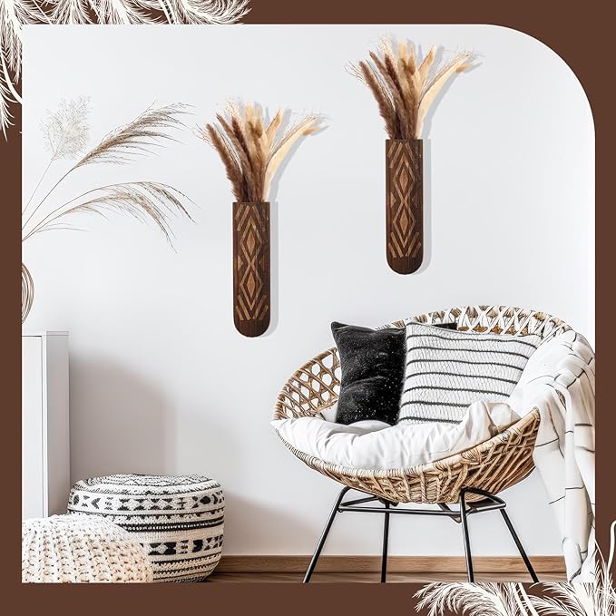 2 Pack Wooden Wall Planter Wooden Vase Set with Dried Reed Flowers Boho Wall Decor Indoor Farmhouse Decor for Entryways Hallways Bathrooms Living Rooms and Dining Rooms (Walnut Color)