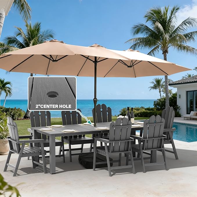 9-Piece Patio Dining Set, Outdoor Dining Set for 8, Large HDPE All-Weather Outdoor Furniture with 89.57” Umbrella Hole Table, 8 Armchairs, Gray