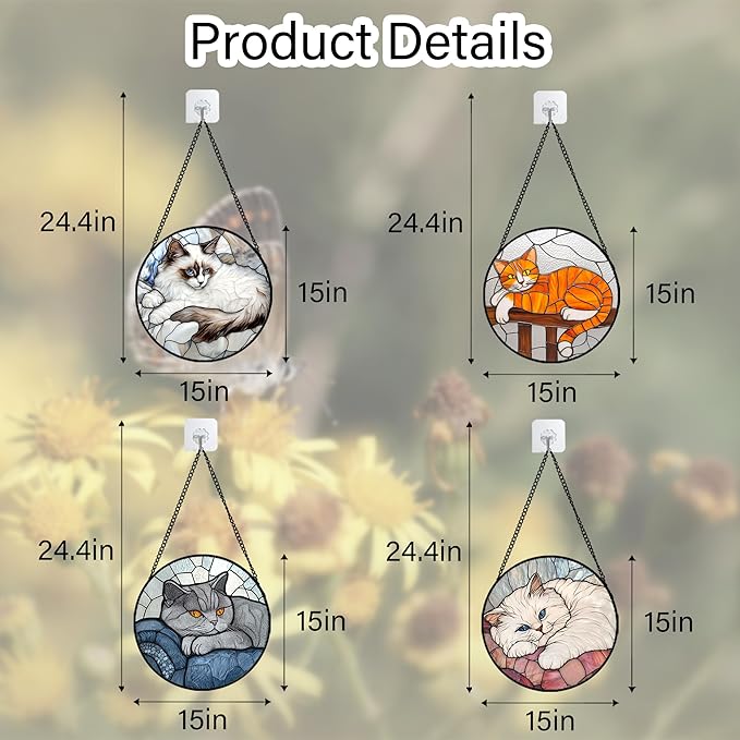 AMDERVEN Stained Glass Window Hanging 4 Pcs Set Cute Cat Large 15" - Suncatcher Door Garden Sun Catcher Decor Birthday Mother's Day Christmas Comfort Gifts for Lost Pet Woman Nana Mom Men Friend