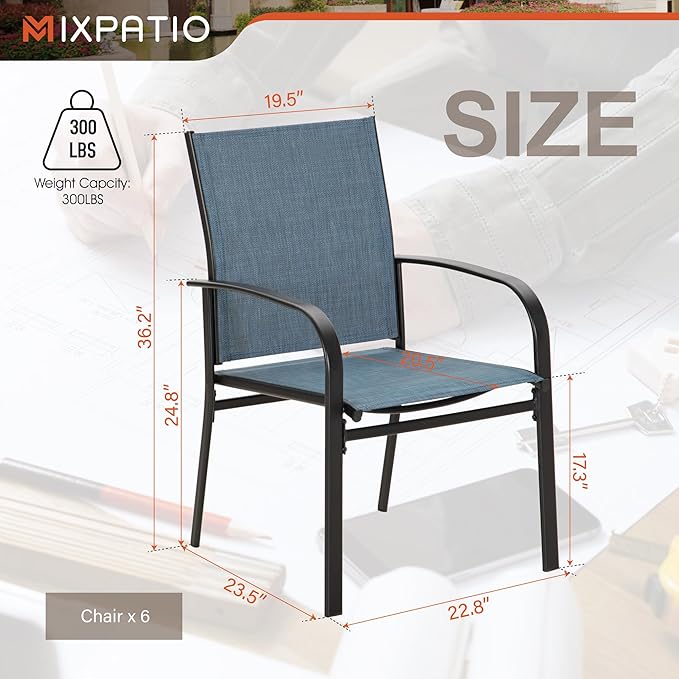 Patio Dining Chairs Set of 6, Blue Outdoor Textilene Dining Chairs, Patio Furniture Chairs with Armrest
