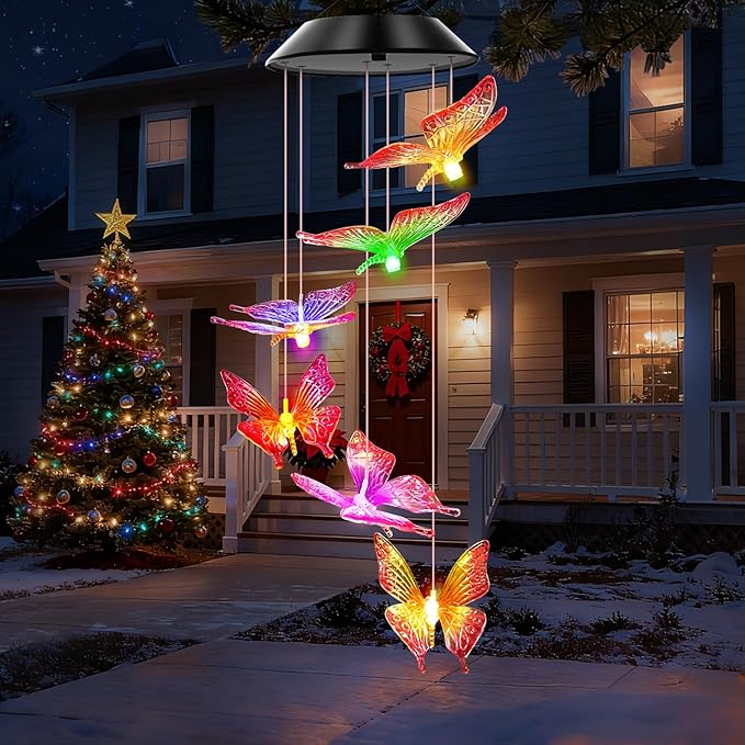 Solar Wind Chimes Outdoor Color Changing Lights, Gift for Women Mom Grandma Sister Best Gifts, Wind Chimes Unique Outdoor Garden Yard Decor (Purple Butterfly)